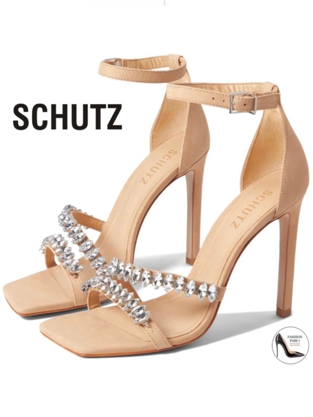 SCHUTZ Linsey Jeweled Stiletto Heel Nude Beige Leather Ankle strap sandals 8.5